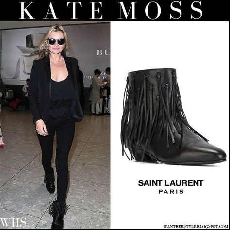 Kate Moss in black Saint Laurent fringed low heel ankle boots #katemoss #saintlaurent #fashion #boots #fringe #ankleboots #style #outfit #streetstyle #black Fringe Ankle Boots Outfit, Black Ankle Boots Outfit, Purple Ankle Boots, Pink Wide Leg Trousers, Boots Diy, Kate Moss Style, I Want Her, Boots Outfit Ankle, Low Heel Ankle Boots