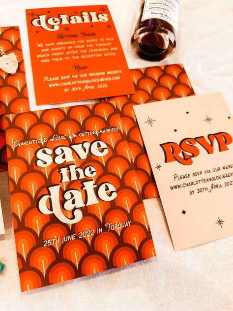 70s Save The Date, 70s Wedding Invitation, 70’s Wedding, 60s Wedding Theme, 70s Wedding Aesthetic, Retro Wedding Aesthetic, 70s Themed Wedding, Retro Wedding Ideas, 70s Inspired Wedding