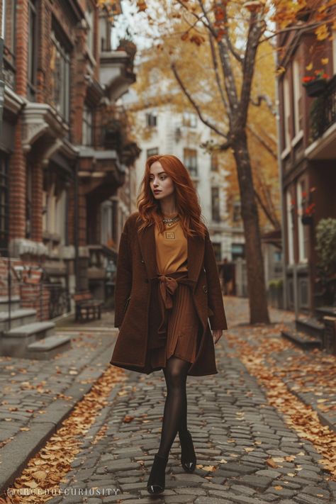 Woman in brown coat, autumn city street, golden leaves, soft curls, walking confidently, chic fall style, warm tones, vintage setting, peaceful stroll, cobblestone pathway, stylish outfit, layered look, fashionable silhouette, casual elegance, relaxed mood, soft autumn glow, confident presence, autumn air, fashionable details, comfortable yet stylish, scenic walk Fall Outfits Soft Natural, Soft Natural Autumn, Outfit Parisienne, Cobblestone Pathway, Makeup Highlighting, Chic Fall Style, Autumn Color Palette Fashion, Classic Fall Style, Mustard Blouse