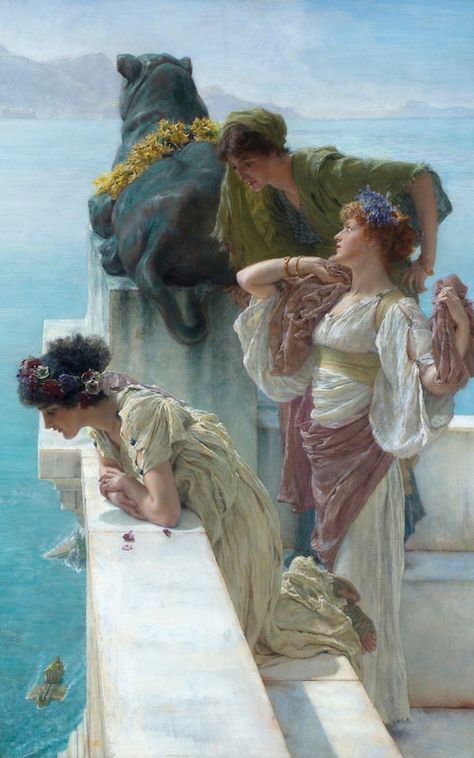 Sir Lawrence Alma-Tadema's A Coign of Vantage (1895) Leighton House Museum, Lawrence Alma Tadema, Pre Raphaelite Art, Kunst Inspiration, Art Ancien, John Singer Sargent, Art Classique, Pre Raphaelite, Classic Paintings