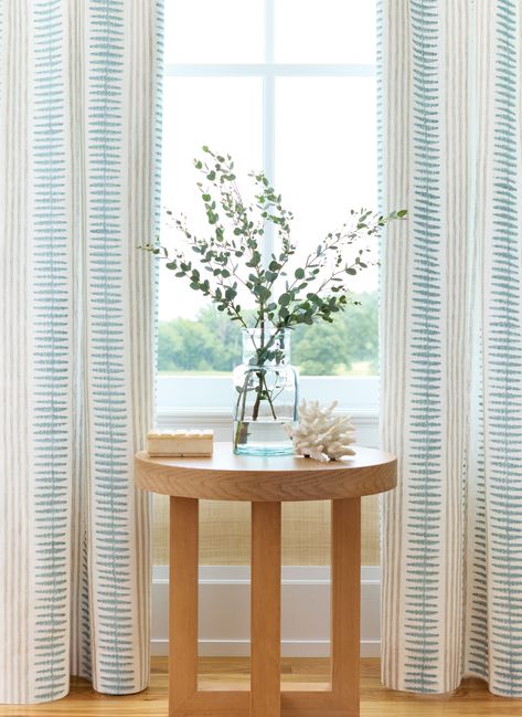 The perfect drapes to complete your summer home. #draperies #drapes #coastaldesign #livingroom Modern Coastal Curtains, Thibaut Curtains, Drapes Dining Room, Coastal Drapes, Striped Drapes, Beach Home Interiors, Thibaut Fabric, Coastal Curtains, Ladies Lounge