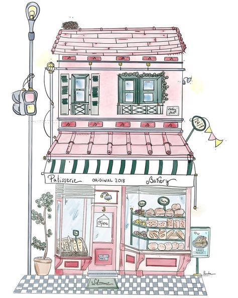 We are grateful for the new bakery that has opened 24/7 right where we live! 💖🍰 Bakery Shop Aesthetic Drawing, Bakery Drawing Aesthetic, Bakery Drawing Illustration, Bakery Drawing Easy, Cake Shop Drawing, Patisserie Drawing, Book Shop Drawing, Cute Bakery Drawing, Drawings For Your Room