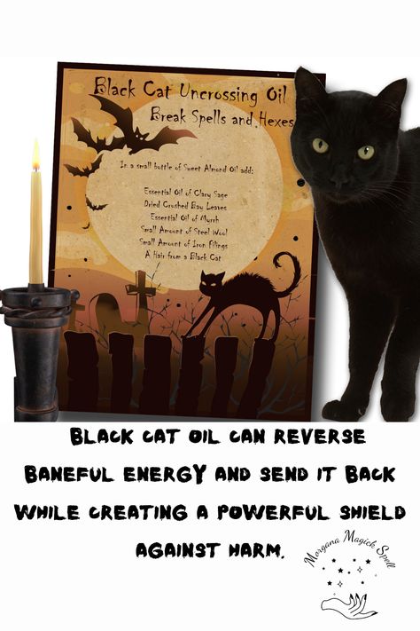 BLACK CAT UNCROSSING OIL - designed to remove any type of negative influence that could be affecting you such as negative energy, crossed conditions, curses, hexes, baneful spells, and unwelcome spirits of any kind. Baneful Spells, Essential Oil Recipes Diffuser Sleep, Uncrossing Oil, Diy Witchcraft, How To Make Potions, Native Spirituality, Black Cat Oil, Kitchen Witch Decor, Witchcraft Diy