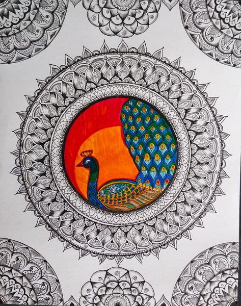 Mandala art drawing, peacock drawing, wall art idea Beautiful Creative Drawings, Peacock Mandala Art Colorful, Peacock Drawing Mandala, Interesting Drawing Ideas Creative, Mandala Peacock Design, Mandala Art Colorful Patterns, Bird Mandala Art, Decorative Design Drawing, Mandala Art Peacock