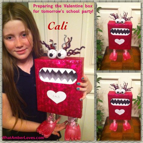 DIY cute monster Valentine Box for elementary school Valentine party! #valentine (monster, love bug, just cute, silly fun! Love it!) Monster Valentine, Girls Valentines Boxes, Valentine Boxes For School, Kids Valentine Boxes, Valentine Card Box, Monster Valentines, Monster Box, Valentines Box, Valentine Mailbox