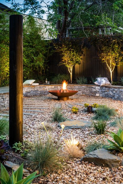 A tranquil abode - Contemporary - Landscape - Melbourne - by Bayon Gardens | Houzz Fire Pit Ideas Backyard, Landscape Design Melbourne, Indoor Tropical Plants, Fire Pit Ideas, Outdoor Fire Pit Designs, Wooded Landscaping, Backyard Plan, Australian Garden, Landscape Construction