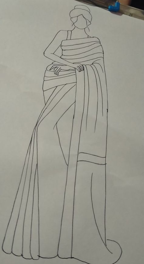 Punjabi Suit Sketch Drawing, Lengha Sketch, Saree Sketches Fashion Illustration, Sari Sketch, Saree Drawing Sketches, Dresses Painting, Saree Drawing, Saree Illustration, Saree Sketch