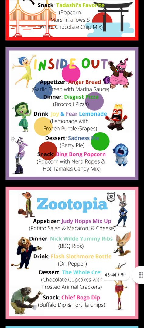 Inside Out Dinner Theme, Family Movie Night Food Ideas, Frozen Movie Dinner Ideas, Inside Out 2 Dinner Ideas, Finding Nemo Movie Night Food, Inside Out Dinner Ideas, Movie Night Meal Ideas, Elemental Movie Dinner, Disney Themed Potluck