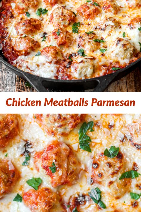 Chicken Meatball Parmesan Bake, Mozzarella Chicken Meatballs, Chicken Parm Meatballs Crockpot, Chicken Meatballs With Pasta, Chicken Meatballs And Spaghetti, Chicken Meatball Meal Ideas, Dishes With Meatballs Dinners, Chicken Meatball Pasta Recipe, Mozzarella Stuffed Chicken Meatballs