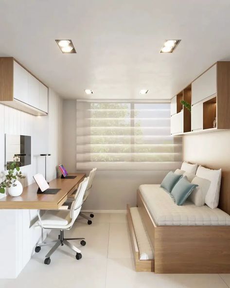 28 Inspiring Home Office in Bedroom Designs for Maximized Space - placeideal.com Home Office In Bedroom, Office In Bedroom, Casa Open Space, Guest Bedroom Home Office, Tiny Bedroom Design, Guest Bedroom/office, Contemporary Office Design, Desks For Small Spaces, Small Home Offices