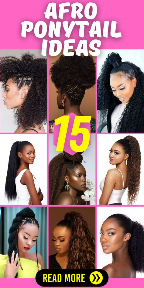 Rock Your Style: Afro Ponytail Hairstyles for Women: Explore the versatility and beauty of afro ponytail hairstyles designed for women. Whether you prefer a sleek and polished look or a more natural and voluminous style, afro ponytails offer a stunning and eye-catching hairstyle option. Discover different techniques, such as drawstring ponytails or plaquage cheveux, to achieve the perfect afro ponytail that complements your individual style. Ponytails For Round Faces, Natural Weave Ponytail Hairstyles, Pompadour Hairstyle Black Women, Curly Drawstring Ponytail Hairstyles, Faux Ponytail Natural Hair Black Women, Afro Hair Ponytail, Puff Ponytail Hairstyles, Low Afro Puff Ponytail, Afro Ponytail Hairstyles