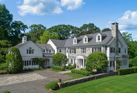 53 Round Hill Rd, Greenwich, CT 06831 | Zillow Preppy Home, Stone Pool, Farmhouse Colonial Exterior, French Doors Exterior, Homes Architecture, Farmhouse Colonial, Bloxburg Houses, Colonial Homes, Nice Homes