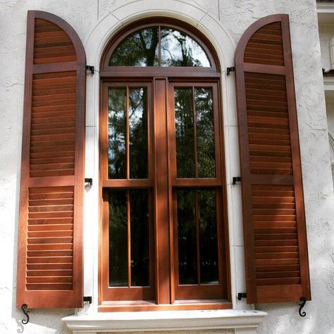 Arch Window House Exterior, Windows With Shutters Exterior, Window Wooden Shutters, Window Nook Ideas Living Room, Spanish Shutters, Arched Window Shutters, Shutters For Arched Windows, Arched Windows Exterior, Radius Window