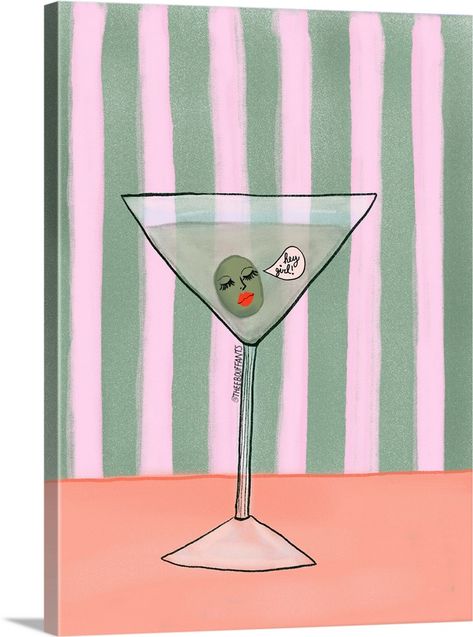 Stretched Canvas Print entitled Flirty Martini.  Multiple sizes available.  Primary colors within this image include Silver, Pink, Light Gray, Dark Forest Green.  Made in the USA.  All products come with a 365 day workmanship guarantee.  Archival-quality UV-resistant inks.  Canvas is a 65 polyester, 35 cotton base, with two acrylic latex primer basecoats and a semi-gloss inkjet receptive topcoat.  Canvases are stretched across a 1.5 inch thick wooden frame with easy-to-mount hanging hardware. Beauty Illustration, Dark Forest Green, Large Canvas Prints, Dark Forest, Pink Light, New Wall, Funky Art, Big Canvas Art, Great Big Canvas