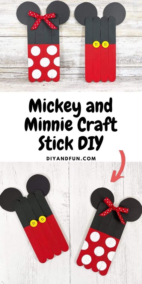 Micky and Minnie Craft Stick DIY, a fun do it yourself craft idea suitable for most ages made with dollar store materials. Mouse Craft, Mickey Mouse Centerpieces, Dollar Store Inspired Decor, Mickey Mouse Invitations, Stick Diy, Mouse Crafts, Toddler Art Projects, Easy Arts And Crafts, Mickey Party