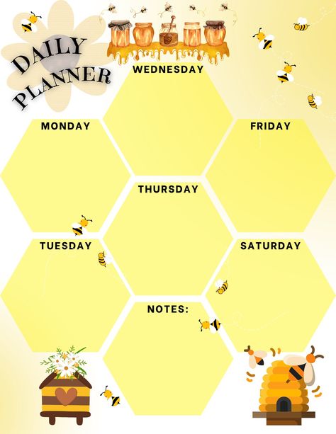 "This a cutesy Daily Bee Hive Honey Comb w/bees daily Planner PDF Digital Download. Created for your everyday planning needs. Great for appointments, scheduling, things to remember, notes & etc.  8.5 x 11\" PDF digital download" Bees Hive, Daily Planner Pdf, Cute Daily Planner, Planner Journaling, Journal Idea, Journal Diy, Pen Pals, Things To Remember, Bullet Journal Diy