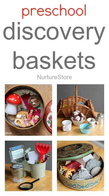 Preschool discovery baskets Investigation Area, Treasure Basket, Discovery Box, Heuristic Play, Nature Story, Imaginary Play, Preschool Age, Preschool Science, Loose Parts