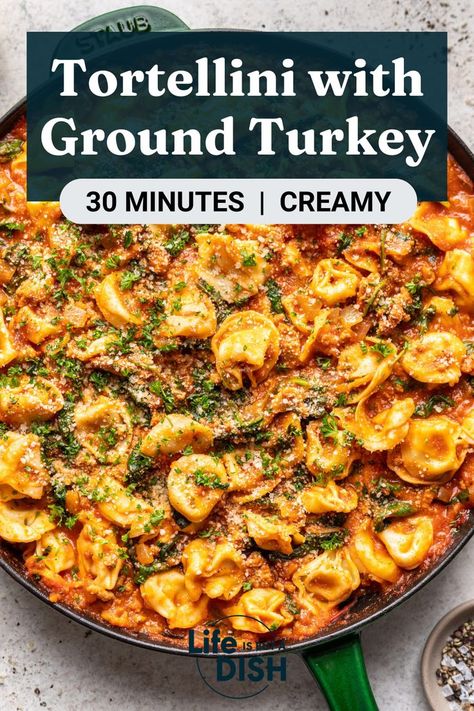 Tortellini Recipes Creamy Tomato, Creamy Tortellini Pasta, Pasta With Ground Turkey, Healthy Pasta Dinner, Easy Ground Turkey Recipes, Recipes With Ground Turkey, Ground Turkey Recipe, Ground Turkey Pasta, Tortellini Recipe