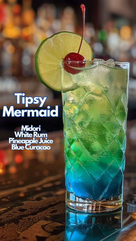 Tipsy Mermaid Blue Green Cocktails, Tipsy Mermaid Cocktail, Book Cocktails, Tipsy Mermaid, Rum And Pineapple Juice, Crazy Cocktails, Midori Cocktails, Cocktail Cards, Mermaid Cocktail