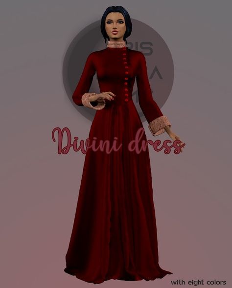 THE SIMS 4 - DIVINI DRESS - Cris Paula Sims Sims 4 Winter Dress, Sims 4 Medieval Winter Cc, Winter Cc Sims 4, Russian Dress, Sims Medieval, Russian Clothing, Indian Princess, Sims 4 Dresses, Long Red Dress