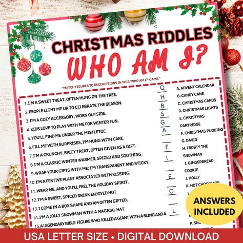 Christmas Riddles Who Am I Game for Kids & Adultchristmas Party Printable Gameholiday Office Party Gamechurch Party Triviaclassroom Game - Etsy Xmas Trivia Games, Fun Christmas Traditions Activities, Best Christmas Party Games For Adults, Christmas Activities Game, Holiday Christmas Game, Christmas Party Games En Español, Fun Christmas Games Family, Christmas Games Fornparty, Xmas Games For Kids Free Printables