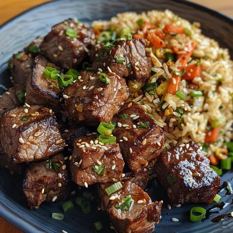 Weber Griddle, Recipe Whisper, Hibachi Steak, Hibachi Recipes, Asian Steak Bites, Cottagecore Recipes, Hibachi Chicken, Steak And Rice, Steak Bites Recipe