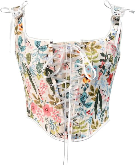 Bowanadacles Women Vintage Floral Camisole Flower Embroidery Pattern Tight Vest Drawstring Tie-up Tank Top Suspender Corset, White Flower, Small : Amazon.ca: Clothing, Shoes & Accessories Fairy Grunge Aesthetic, Corset Tank Top, Jeans Patchwork, Corsets Vintage, Floral Bustier, Vintage Flower Prints, Floral Corset, Strappy Tank Tops, Corset Crop Top