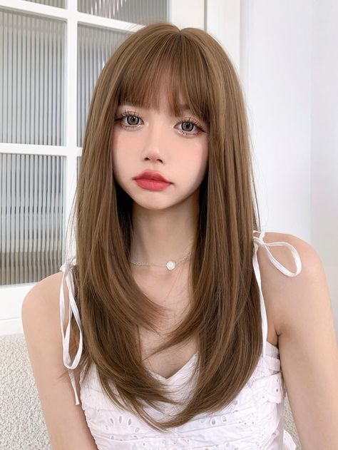 Brown  Collar  Synthetic Fiber  Bangs Wig Embellished   Wigs & Accs Light Brown Hair With Bangs, Wigs For Beginners, Straight Wig With Bangs, Layered Wig, Long Straight Wig, Bangs Wig, Straight Bangs, Long Lights, Long Light