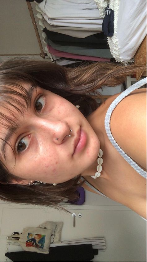 #selfie#eyes#browneyes#seashellneclace#piercing#septum#bangs#shorthair#aestetic#cute#natural Round Septum Piercing, Septum On Different Noses, Stud And Septum Piercing, Both Nostrils Pierced With Septum, Nose And Septum Piercing Together, Subtle Septum Piercing, Nose And Septum Piercing, Septum Piercing Cute, Septum And Nose Piercing Together