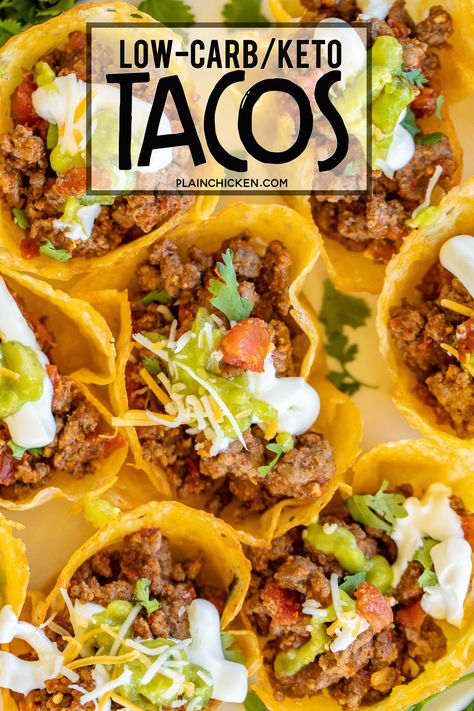 Low-Carb Keto Tacos - all the flavors of tacos without all the carbs! The shells are made out of cheese! OMG! YUM! Cheese, ground beef or turkey, taco seasoning, diced tomatoes and green chiles, and water. Ready to eat in minutes. Can make shells ahead of time for a quick weeknight meal. You'll never miss the carbs! #lowcarb #keto #tacos #mexicanfood #texmex Turkey Taco Seasoning, Keto Tacos, Healthy Low Fat Recipes, Desayuno Keto, Healthy Low Carb Dinners, Turkey Taco, Low Carb Low Fat Recipes, Taco Shells, Healthy Low Calorie Meals