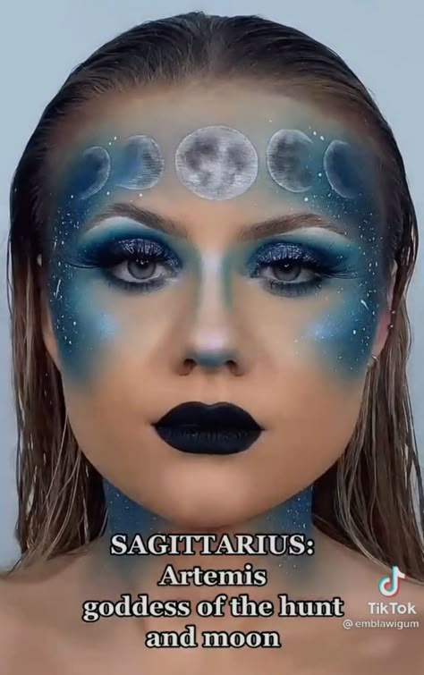 Moonlight , night time star struck bold cheek makeup look #avedalife #avedainstitute Astrology Makeup Looks, Celestial Makeup Halloween, Night Goddess Makeup, Artemis Makeup Goddesses, Celestial Face Paint, Blue Witch Makeup, Moon Fairy Makeup, Artemis Makeup, Night Sky Makeup