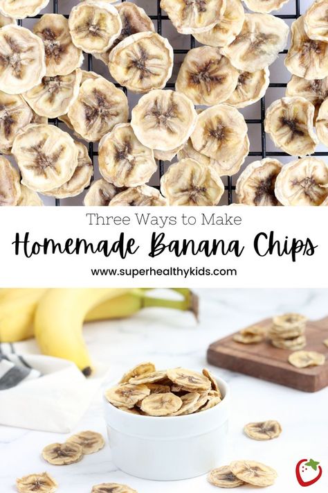 These Homemade Banana Chips are super simple, perfectly crunchy, and can be made in the oven, air fryer or dehydrator! If you have ripe bananas, these are the perfect way to use them up and have a healthy crunchy treat that is naturally sweet. #healthysnacks #bananarecipes #cleaneatingrecipes #healthysnacksforkids #vegansnacks Homemade Banana Chips, Savory Snack Recipes, Oven Air Fryer, Healthy Homemade Snacks, Homemade Dips, No Bake Energy Bites, Healthy Eating Snacks, Kid Approved Meals, Quick Healthy Snacks