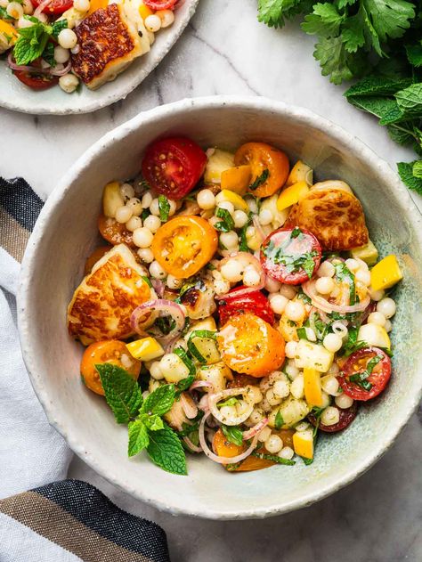 Mediterranean Pearl Couscous Salad With Mint Crispy Halloumi, Pearl Couscous Salad, Salad With Mint, Roasted Olives, Roasted Potato Wedges, Salad Inspiration, Pearl Couscous, Fresh Tomato Salsa, Tomato Tart