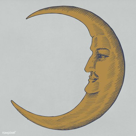 Hand drawn moon with face | premium image by rawpixel.com Moon Face Illustration, Half Moon With Face, Vintage Moon Face, Moon With Face, Halloween Cutouts, Whimsical Moon, Moon Symbol, Moon Icon, Moon Symbols