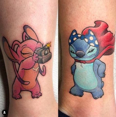 Lilo And Stitch Couple Tattoo, Stitch And Angel Tattoo Couple, Friend Tats, Matching Disney Tattoos, Disney Stitch Tattoo, Lilo And Stitch Tattoo, Warrior Tattoo Sleeve, Disney Sleeve Tattoos, Casino Tattoo