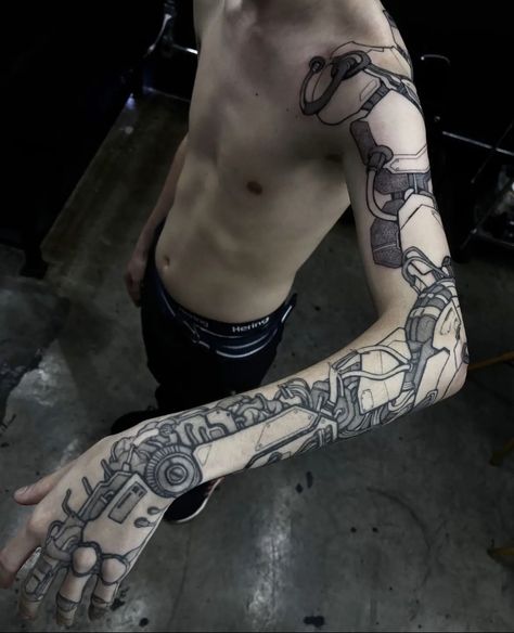 Tattoo Ideas Skeleton, Sci Fi Tattoos, Robotic Arm Tattoo, Dishonored Tattoo, Computer Tattoo, Robot Tattoo, Tech Tattoo, Hand Tattoo Ideas, Full Hand Tattoo