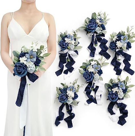 Ling's Moment Set of 6 Noble Navy Blue Bridesmaid Bouquet Wedding Bouquet for Bridesmaids Posy Bouquet for Bridal Shower Bridal Party Photography Wedding Ceremony. Navy Blue Navy Blue Bridesmaid Bouquet, Himym Wedding, Wedding Bouquets For Bridesmaids, Blue Bridesmaid Bouquet, Bouquets For Bridesmaids, White Wedding Flowers Bouquet, Navy Blue Bouquet, Diy Bridesmaid Bouquet, White Delphinium