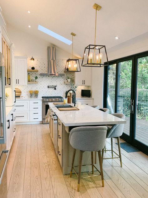 Skylight Vaulted Ceiling, Kitchen With Skylight, Brass Grey, Vaulted Kitchen, Vaulted Ceiling Kitchen, Skylight Kitchen, Bungalow Kitchen, Long Kitchen, Narrow Kitchen