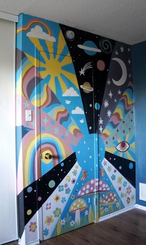 60s Inspired Bedroom, Trippy Wall Mural, Tattoo Studio Decor, Wall Painting Ideas Bedroom Teenager, Painting My Room, Cupboard Painting, Cool Room Stuff, Tiny Home Shed, Cafe Mood Board