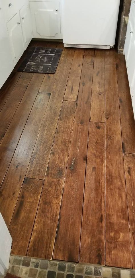 Rustic Floors Farmhouse, Rustic Pine Floors, Rustic Stained Kitchen Cabinets, Small Room Flooring Ideas, Contact Paper On Floor Diy, Pine Plank Floors, Plywood Floors Ideas, Luxury Vinyl Plank Flooring Living Room, Plywood Flooring Ideas