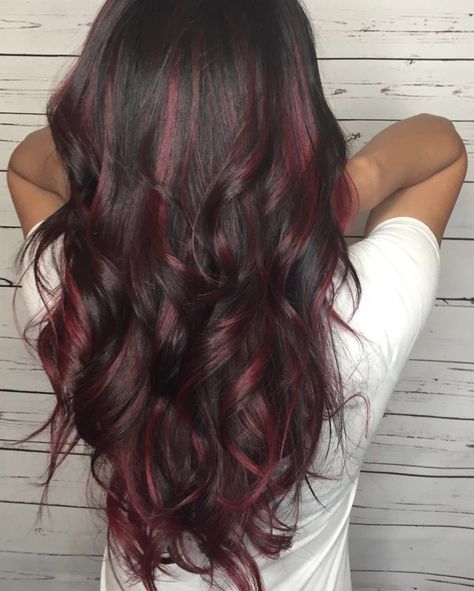 Dark Red Streaks In Black Hair, Cherry Cola Highlights Brown Hair, Cherry Red Hair Highlights, Liberty Core, Brown And Red Highlights, Cherry Cola Balayage, Dark Maroon Hair, Black Hair With Red Highlights, Cherry Cola Hair Color