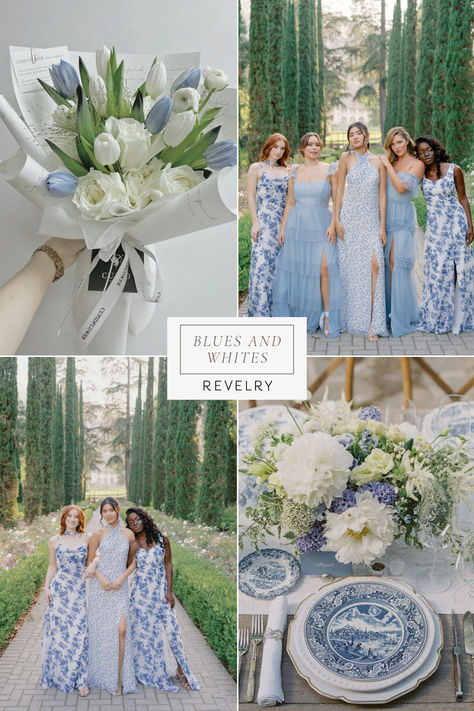 Mint Blue Wedding Theme, French Blue And White Wedding, Coastal Wedding Color Palettes, Blue And Champagne Wedding Colors, Coastal Theme Wedding, Blue Wedding Aesthetic, Floral Print Bridesmaid Dresses, Coastal Blue Wedding, Summer Wedding Blue