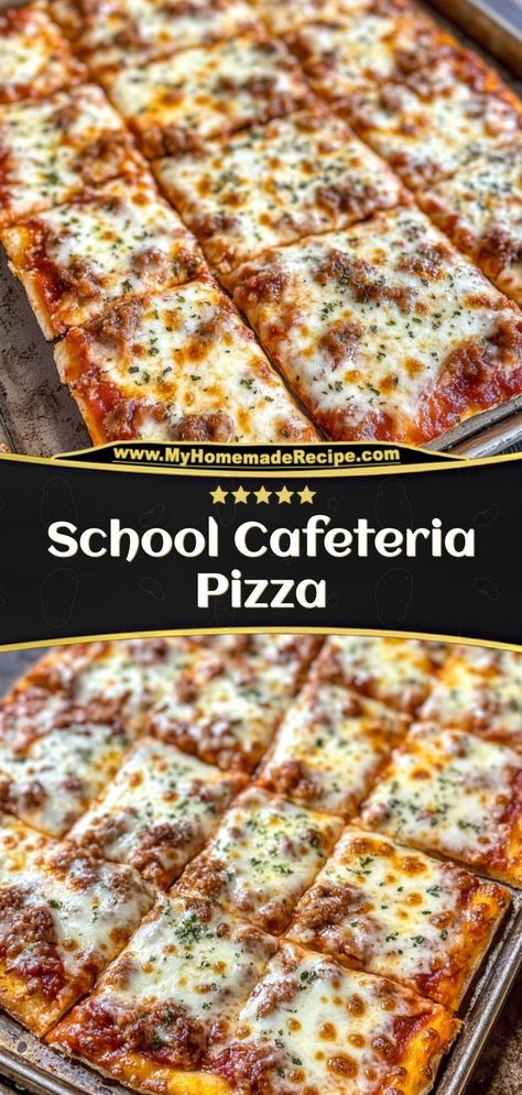 This nostalgic school cafeteria pizza is simple, cheesy, and topped with pepperoni. A throwback treat! Ingredients: 1 pizza dough 1 cup marinara sauce 1 cup shredded mozzarella ½ cup pepperoni slices Serve this pizza for a fun and familiar taste of school days Lunch Room Pizza Recipe, The School Pizza Recipe, Lunch Lady Pizza Recipe, School Pizza Recipe Old, School Lunch Pizza Recipe, School Cafeteria Pizza Recipe, School Cafeteria Pizza, Flour Tortilla Pizza, Cafeteria Pizza