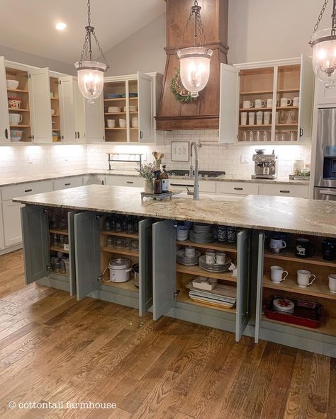 Cabinets Under Kitchen Island, Kitchen Remodel Adding Island, Under Island Cabinets, Kitchen Island With Lots Of Storage, Storage Under Kitchen Island, Under Island Storage, Farmhouse Grey Kitchen, Kitchen Island With Cabinets, Island With Cabinets