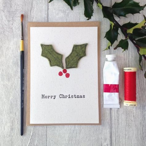 Fabric Christmas Cards, Embroidered Holly, Felt Holly, Letterpress Christmas Cards, Letterpress Christmas, Freehand Machine Embroidery, Christmas Cards Kids, Simple Christmas Cards, Embroidered Felt