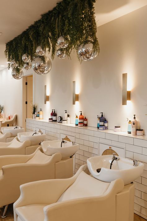 Shampoo Rooms In Salons, Hair Washing Station Salon, Hair Salon Shampoo Station, Shampoo Area In Salon Interior Design, Wash Bowls Salon, Best Hair Salon Design, Shampoo Bar Salon Ideas, Dream Hair Salon Ideas, Modern Salon Waiting Area