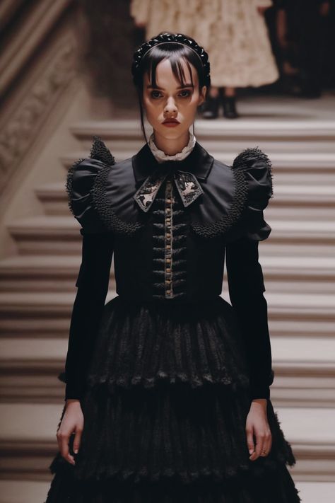 Haute Goth Fashion, Wednesday Addams Fashion, Gothic Runway, Witch Uniform, Wednesday Fashion, Wednesday Addams Outfit, Classic Goth, Wednesday Costume, Addams Family Costumes