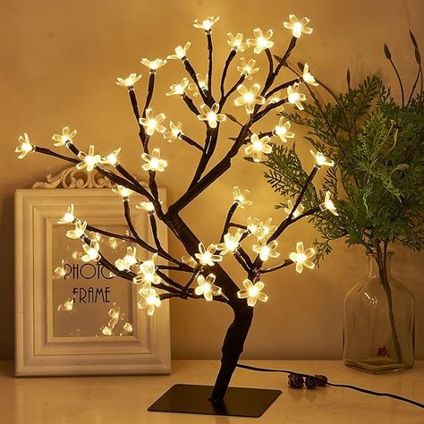 PEIDUO 17.5” Lighted Cherry Blossom Tree 48 Warm White Lights Plug in Adapter Light up Bonsai Tree for Christmas Indoor Home Bedroom Office Living Room Tabletop Tree Night Light Artificial Plants Cherry Blossom Bonsai Tree, Cherry Blossom Petals, Warm White Lights, Dinner Party Decorations, Plantas Bonsai, Tree Lamp, Tree Light, Tree Table, Led Decor