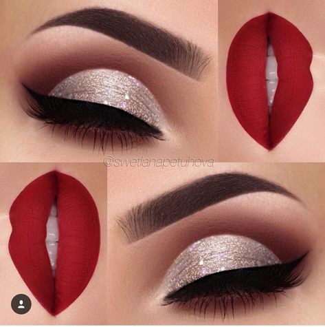 Party glam makeup | Silver glitter and matte brown cut crease eye look with bold red matte lips... Maquillage Kylie Jenner, Maquillage Yeux Cut Crease, Make Up Designs, Mekap Mata, Party Makeup Looks, Smink Inspiration, Makijaż Smokey Eye, Makeup Hacks, Red And Silver