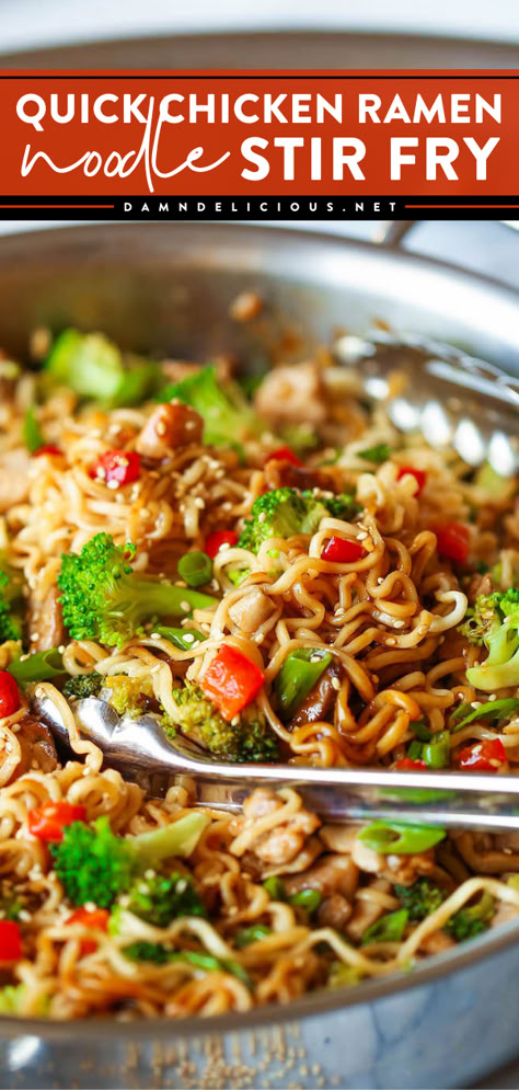 An easy ramen stir fry recipe! In just 30 minutes, you can have this Quick Chicken Ramen Noodle Stir Fry for a simple weeknight dinner. This chicken dish is also a great way to sneak in all the veggies! Quick Chicken Ramen, Ramen Noodle Stir Fry, Chicken Ramen Noodle Recipes, Ramen Stir Fry, Noodle Stir Fry, Chicken Ramen, Asian Inspired Dishes, Easy Asian Recipes, Fry Sauce